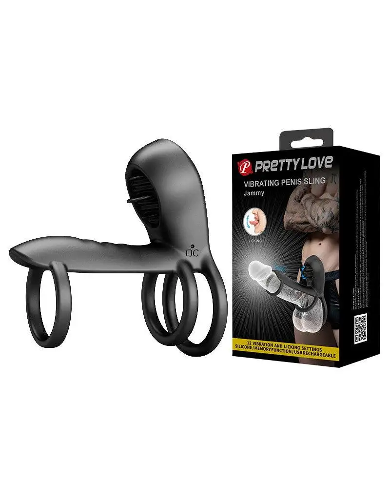 Pretty Love Jammy - Cockring Vibromasseur avec Stimulateur Clitoridien - Noir - Design unique à triple anneau