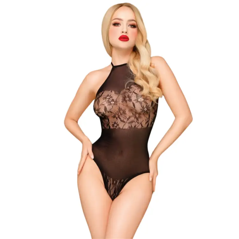 Body col ras le cou, en résille et dentelle noire