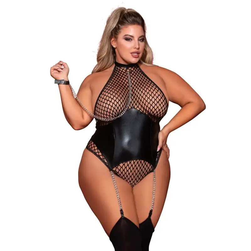 Body noir grande taille en résille et simili cuir