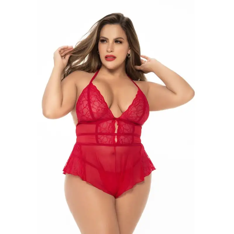 Body rouge grande taille style babydoll et string