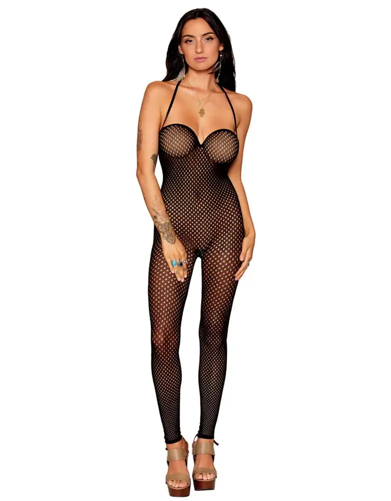 Bodystocking en résille noire, sans couture, avec large décolleté à armature