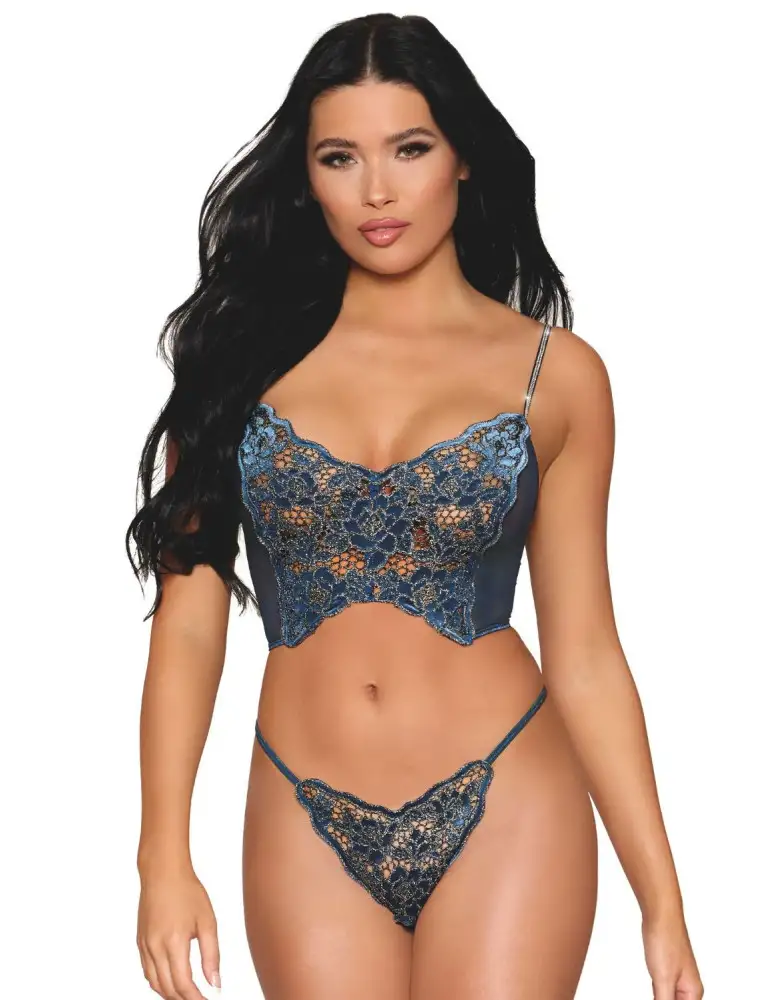 Bustier dentelle florale et résille avec strass et string assorti