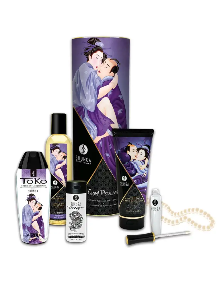 Coffret collection plaisirs charnels 5 produits Shunga + un collier de perles