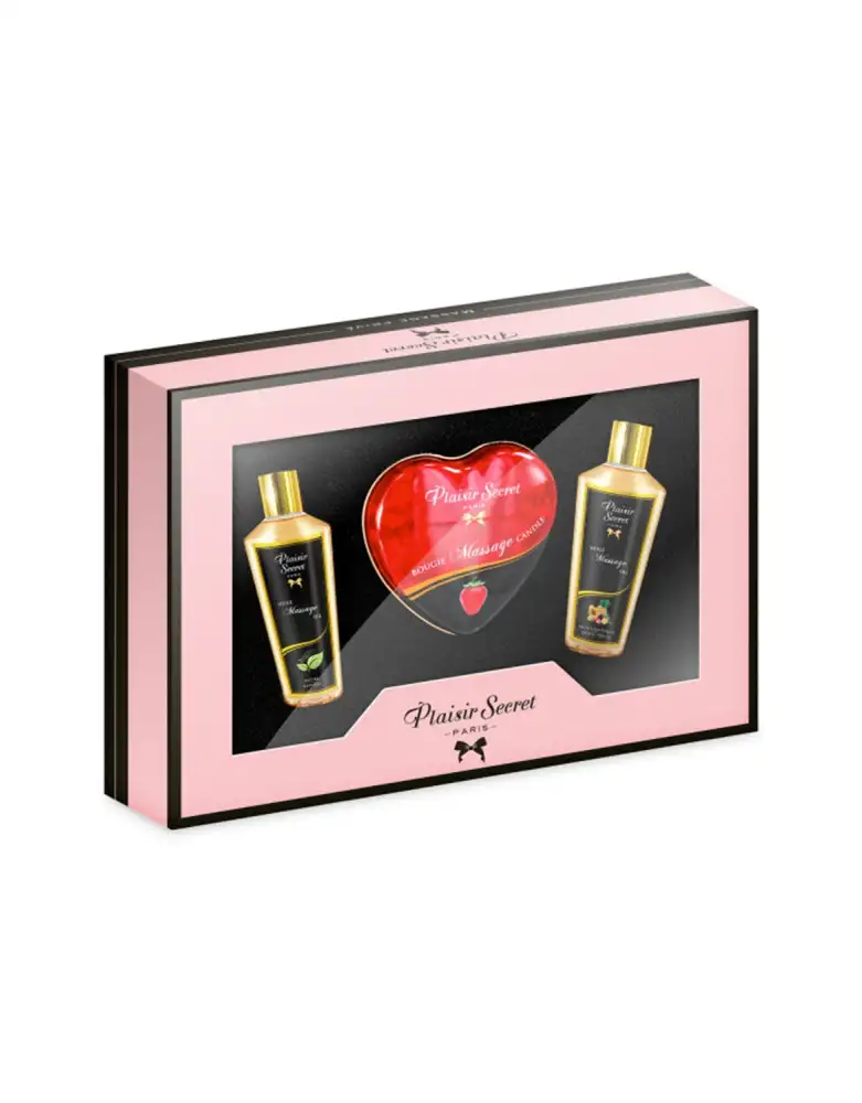 Coffret de massage contenant 2 huiles sèches et 1 bougie de massage