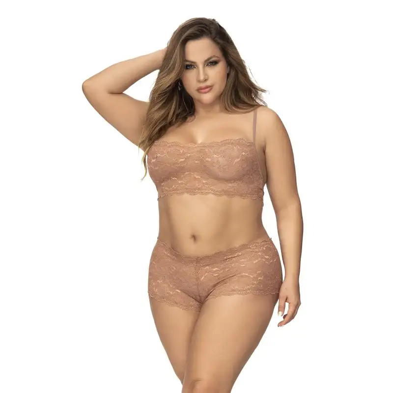 Ensemble 2 pièces en dentelle grande taille, top et shorty