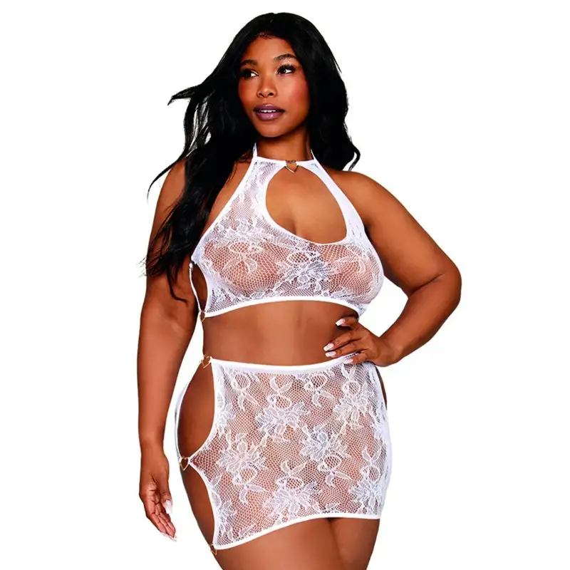 Ensemble 2 pièces grande taille top et jupe en résille blanche