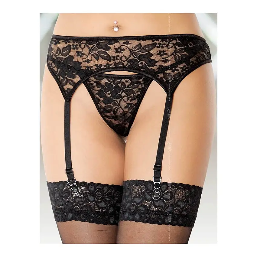 Porte-jarretelles et string assorti aux motifs fleuris - Noir