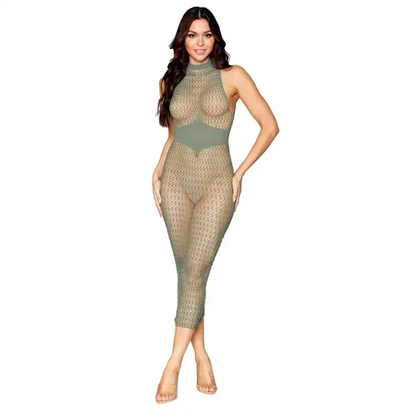 Robe verte sauge en large résille sans couture